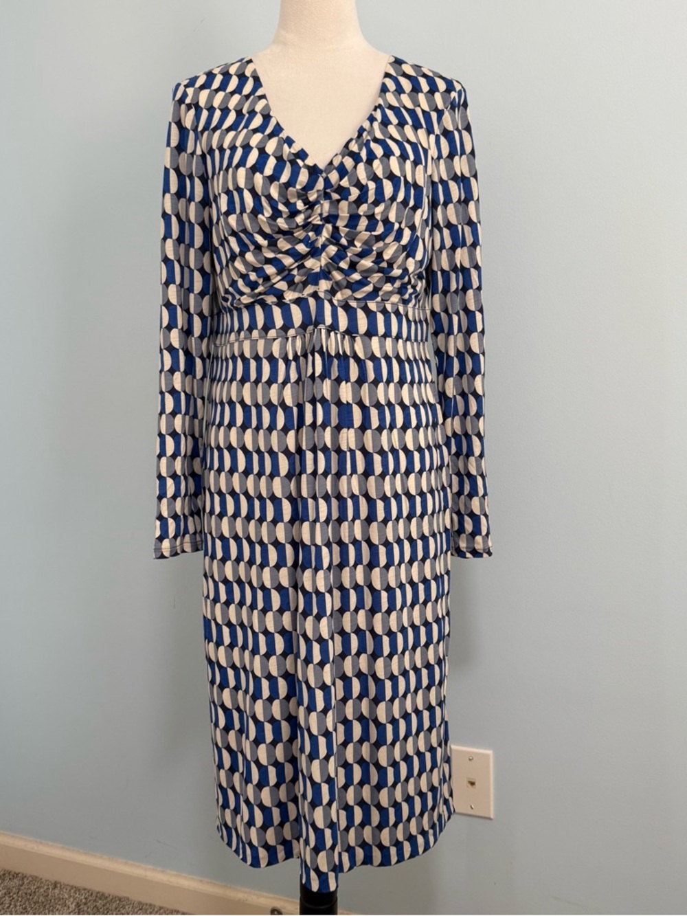 Boden‎ Geometric Print Long Sleeve Ruched V-Neck Lined Sheath Dress Size 12 L